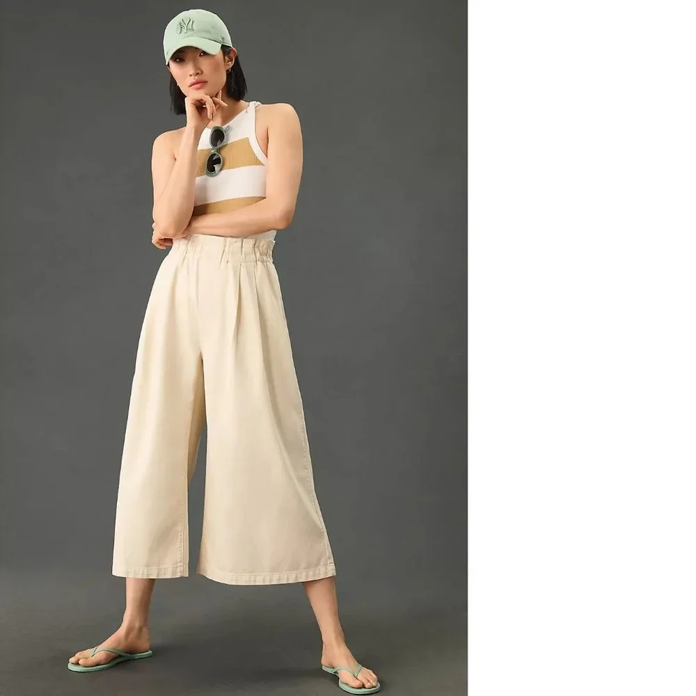 Anthropologie Pilcro High-Rise Cropped Paperbag Jeans   cream color size L